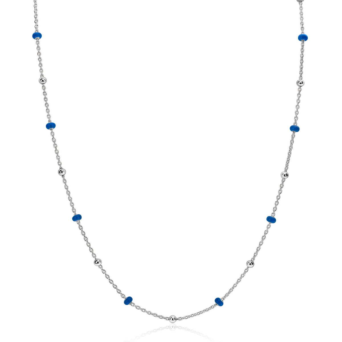 Collana in argento con dettagli blu e sfere argentate.