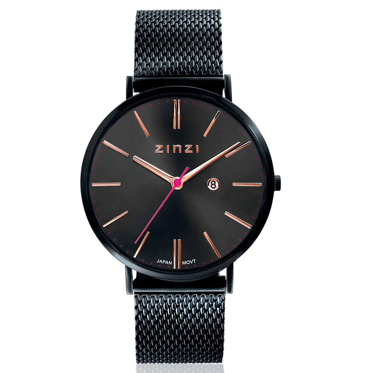 Orologio nero in acciaio con quadrante scuro, lancette rosa e cinturino in maglia.