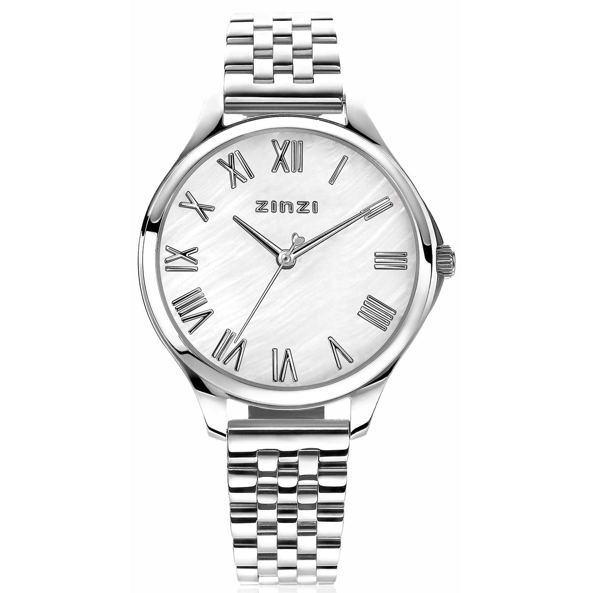 Orologio in acciaio argentato con quadrante bianco e numeri romani, bracciale a maglia rolò.
