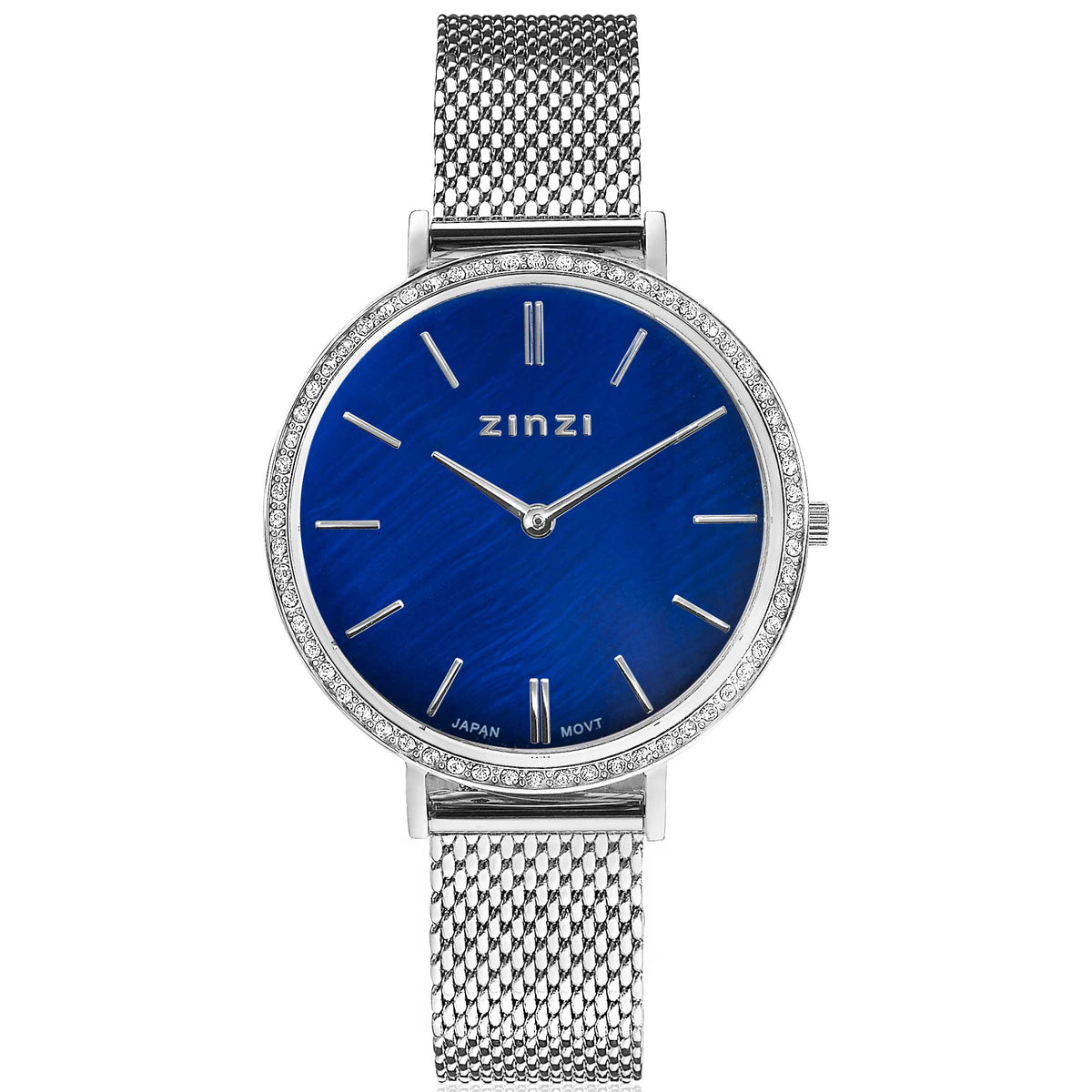 Orologio in acciaio color argento con quadrante blu e cristalli, cinturino a maglia rolò.