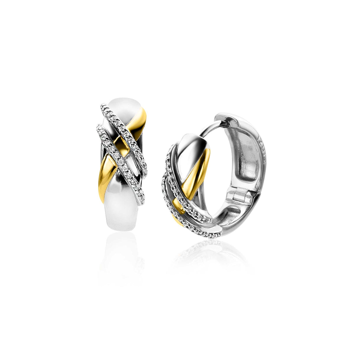 Orecchini in argento e oro con dettagli incrociati e zirconi.