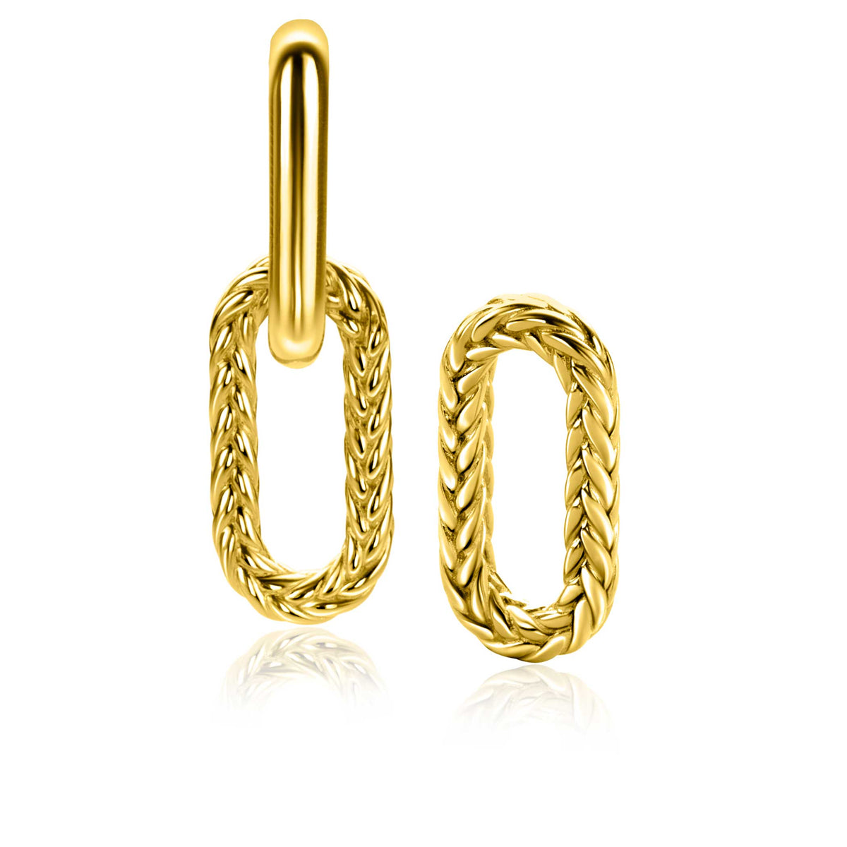 Orecchini in oro placcato con forma ovale e dettagli intrecciati.