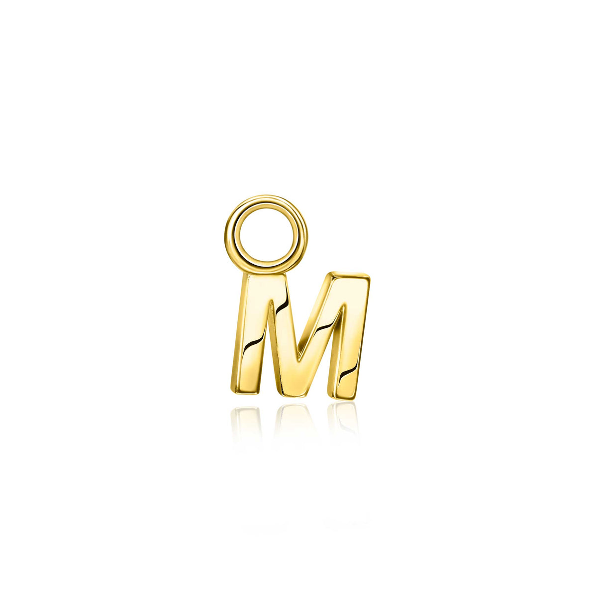 Orecchino in metallo dorato a forma di lettera "M" con anello.