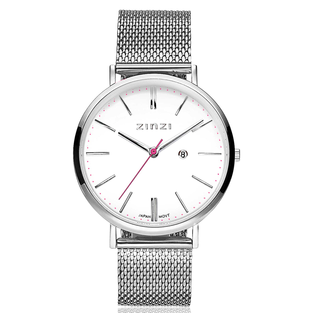 Orologio in acciaio color argento con quadrante bianco, lancetta rossa e cinturino a maglia rolò.