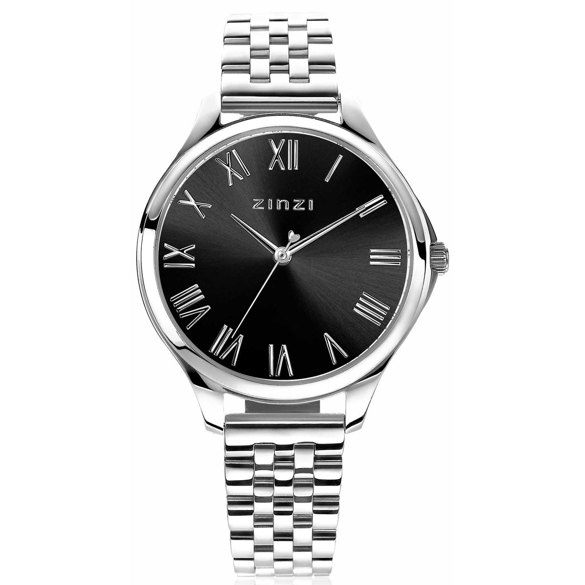 Orologio in acciaio color argento con quadrante nero e numeri romani, bracciale a maglia rolò.