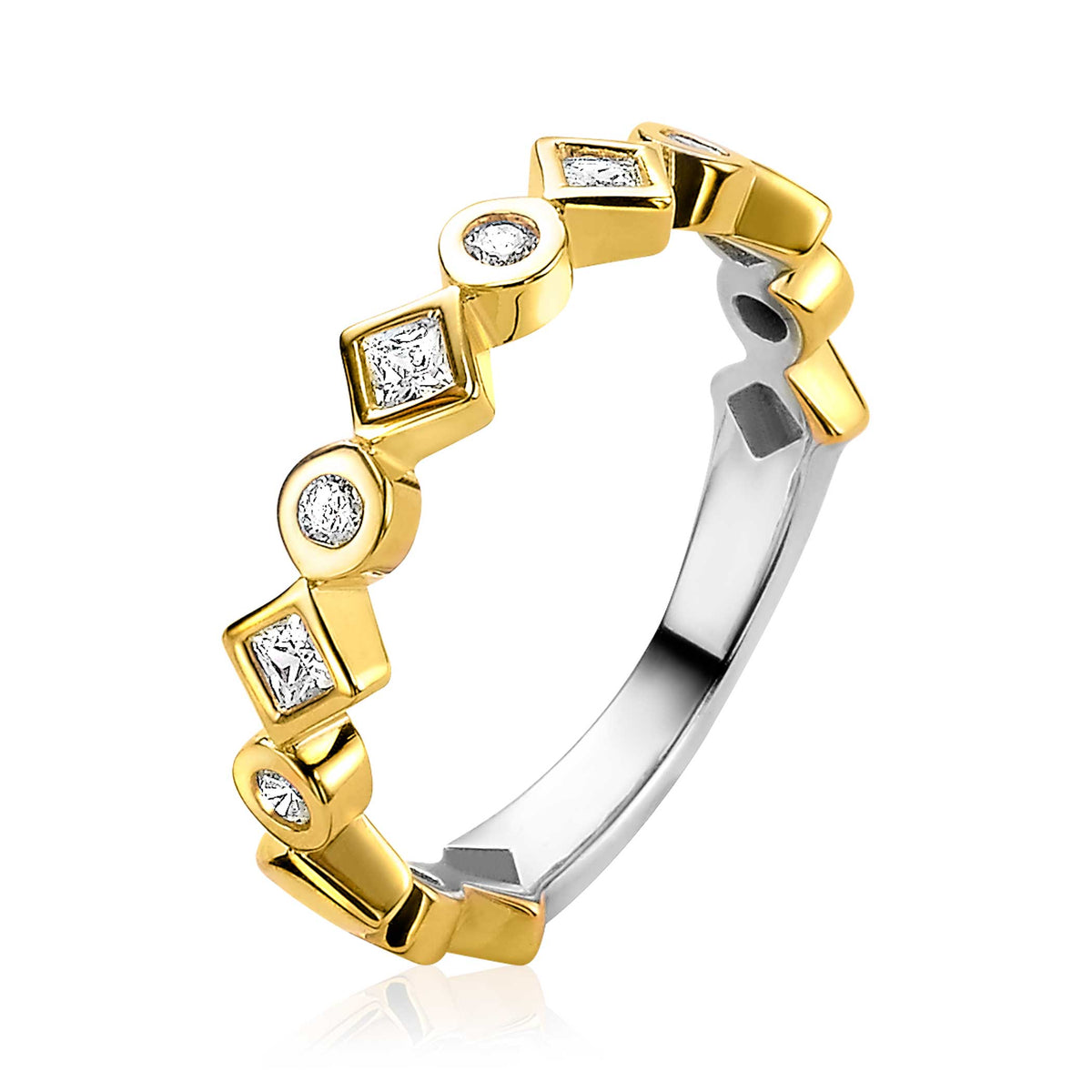 Anello in oro placcato con dettagli geometrici e zirconi.