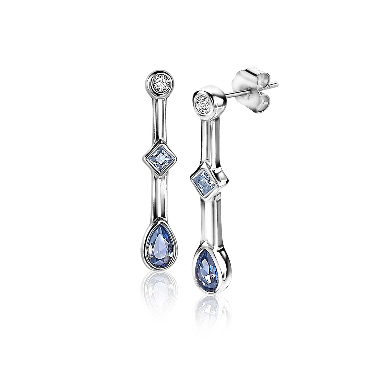 Orecchini in argento con pietre blu e dettagli brillanti, design a catena con forme geometriche.