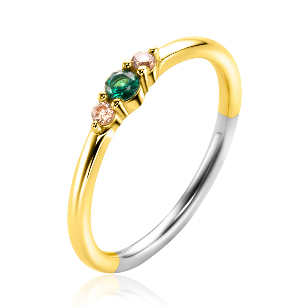 Anello placcato oro con tre pietre colorate, di cui una verde e due rosa.