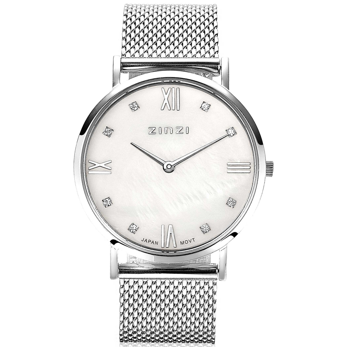 Orologio in acciaio color argento con quadrante bianco e numeri romani, cinturino a maglia rolò.