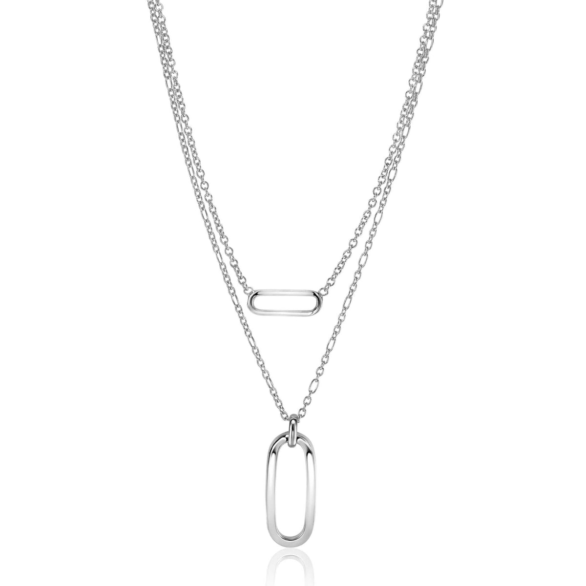 Collana in argento con due catene e pendente ovale.