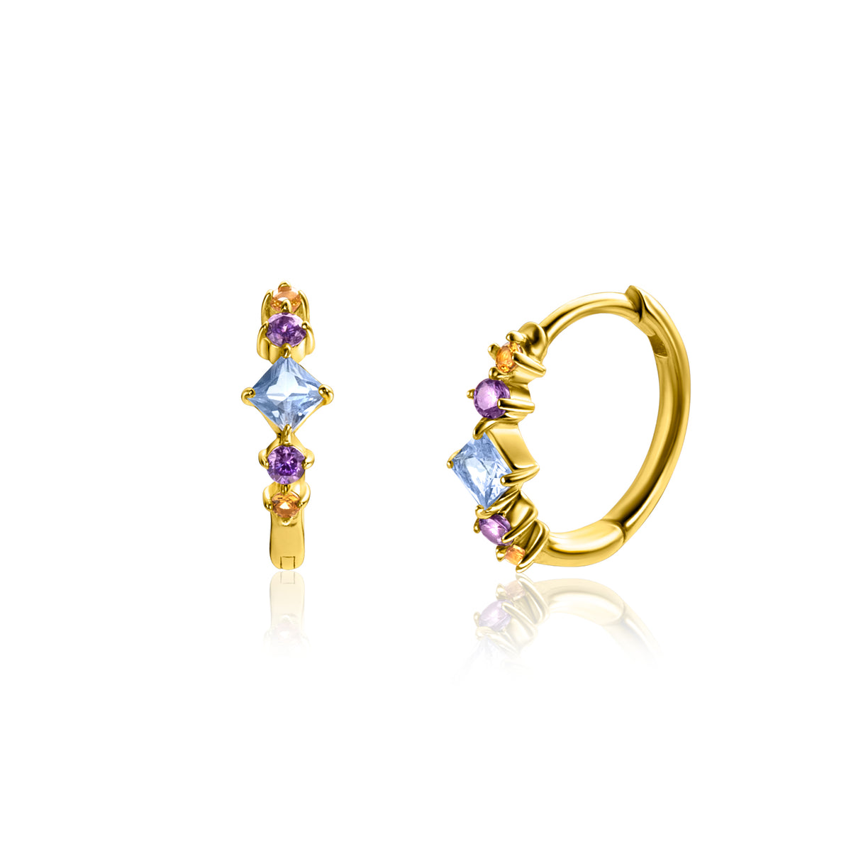 Orecchini in oro con pietre blu e viola, forma a cerchio con dettagli decorativi.