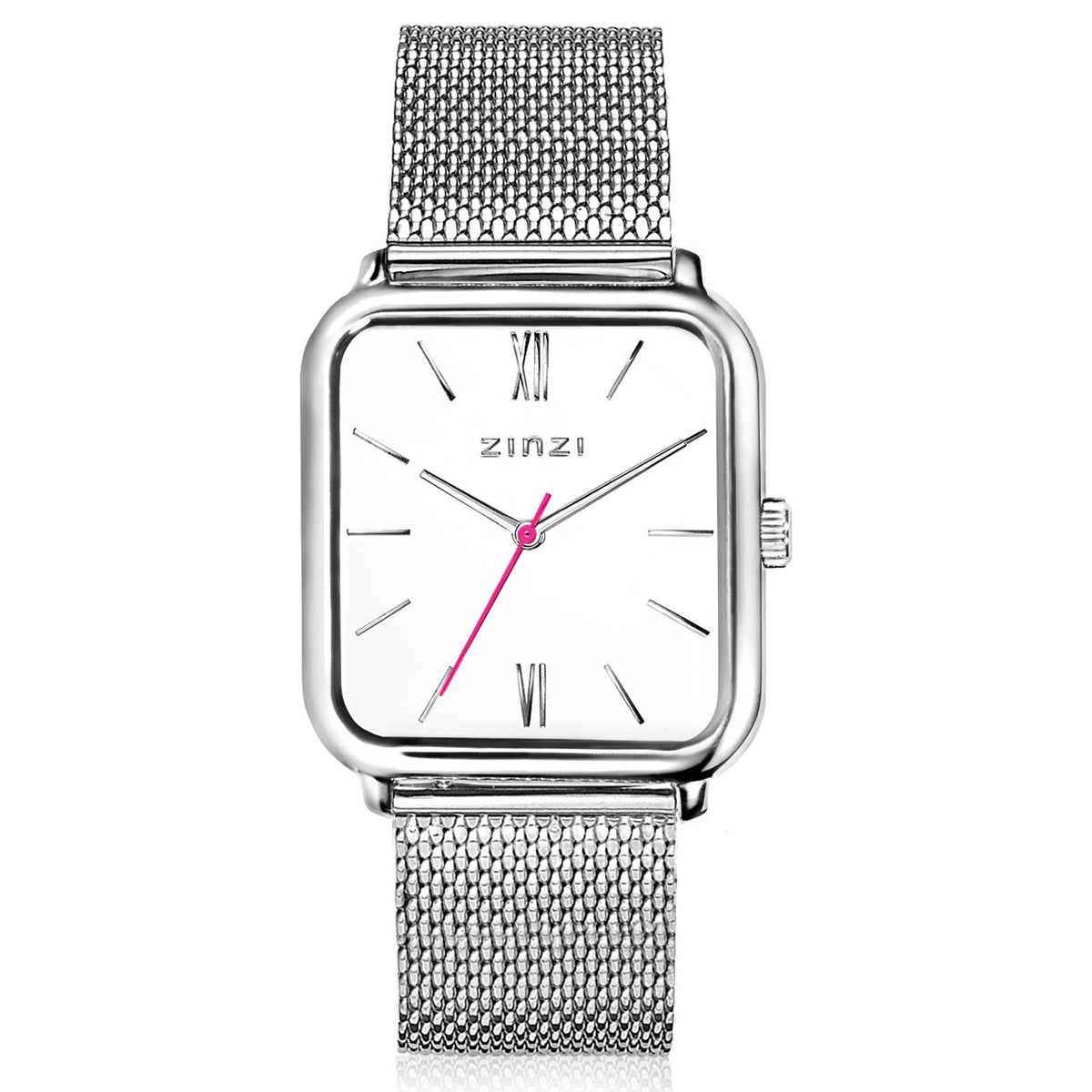 Orologio quadrato in acciaio argentato con cinturino in maglia e quadrante bianco.