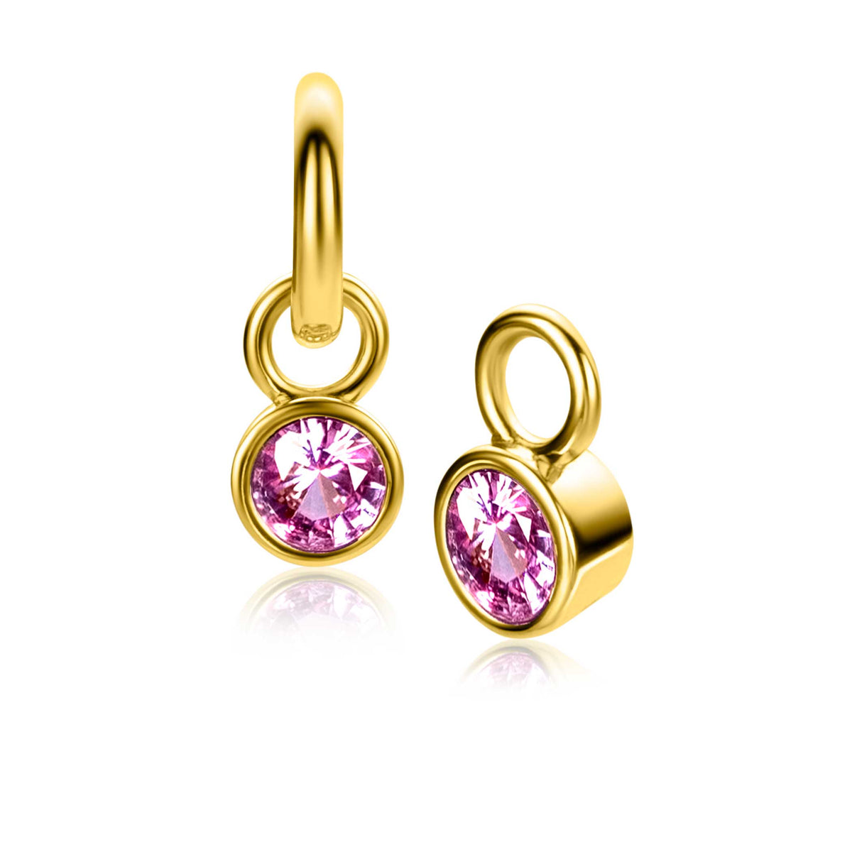 Orecchini in argento con pietre rosa, forma rotonda e finitura lucida.