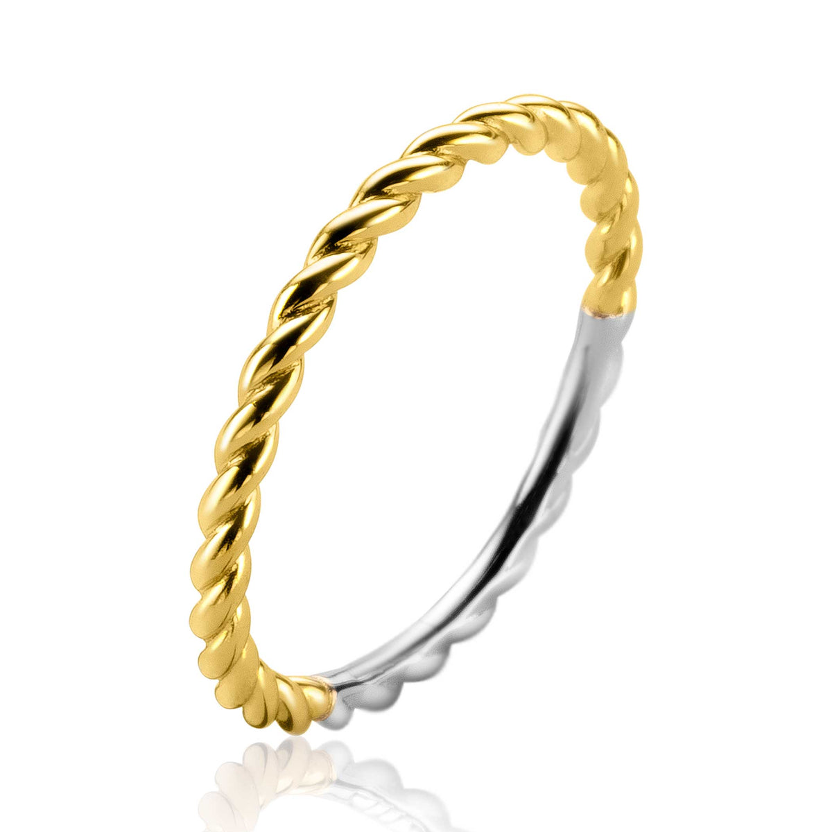 Anello placcato oro con design a spirale, metà dorata e metà argentata.