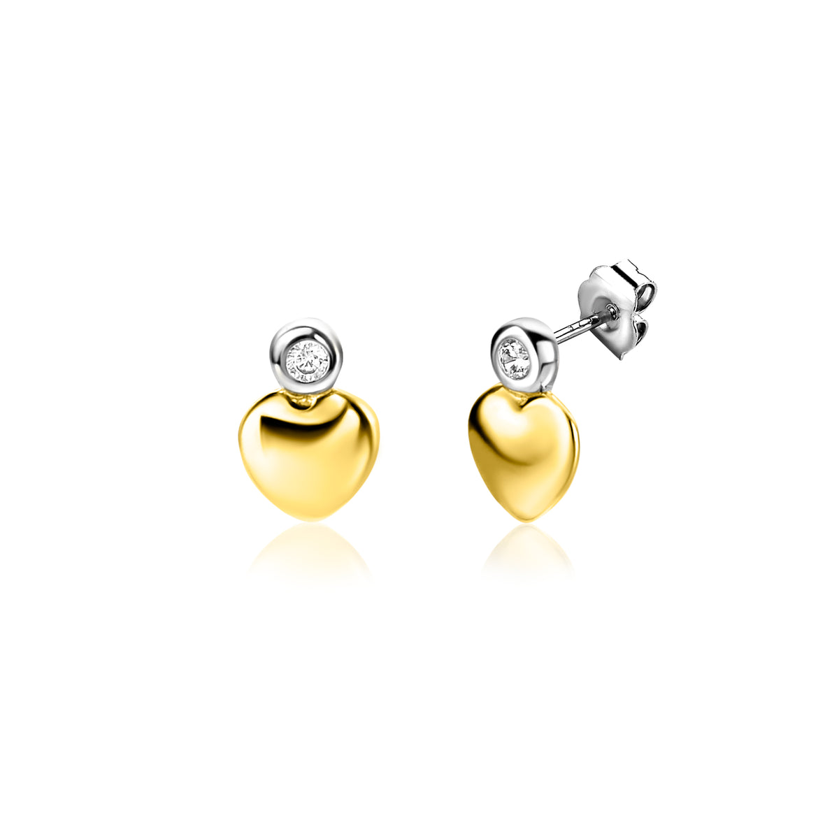 Orecchini a forma di cuore placcati oro con dettaglio in argento e zircone.