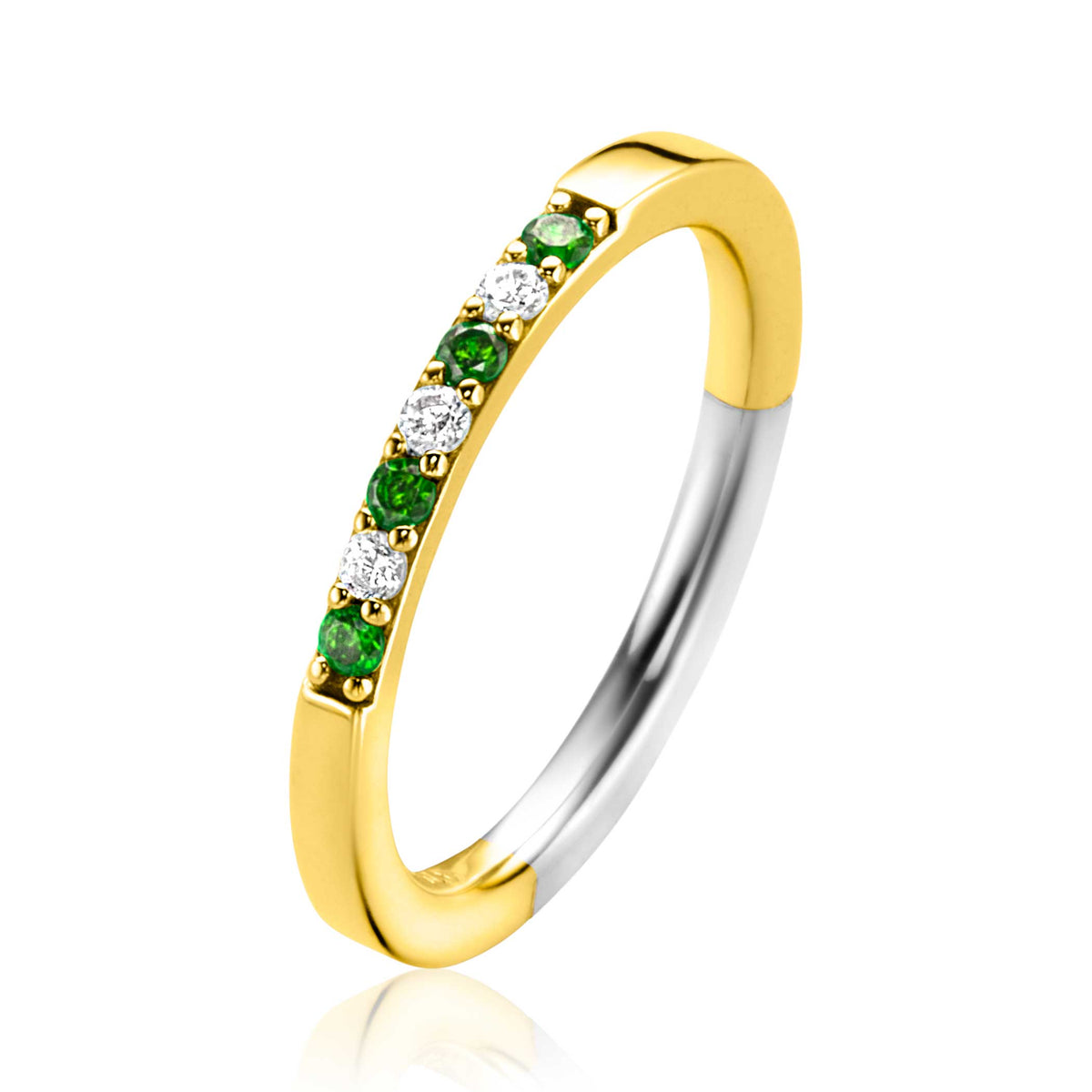 Anello placcato oro con pietre verdi e diamanti, finitura lucida.