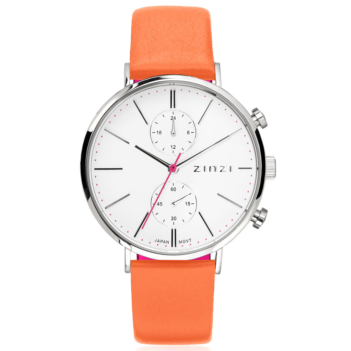 Orologio Zinzi in acciaio argentato con quadrante bianco e cinturino arancione.
