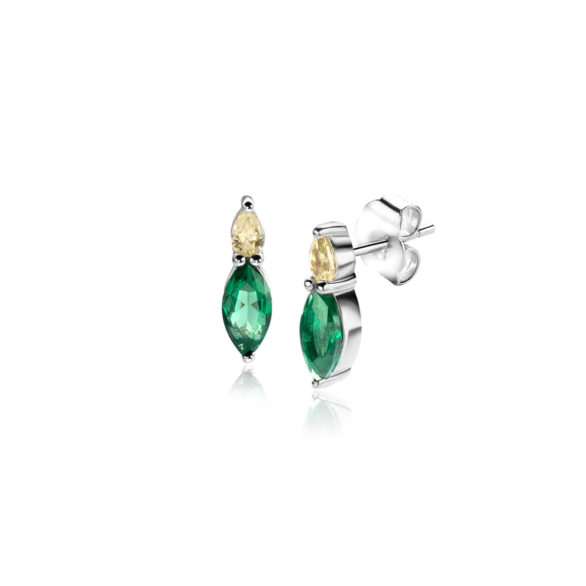 Orecchini in argento con pietre verdi e gialle a forma di goccia.