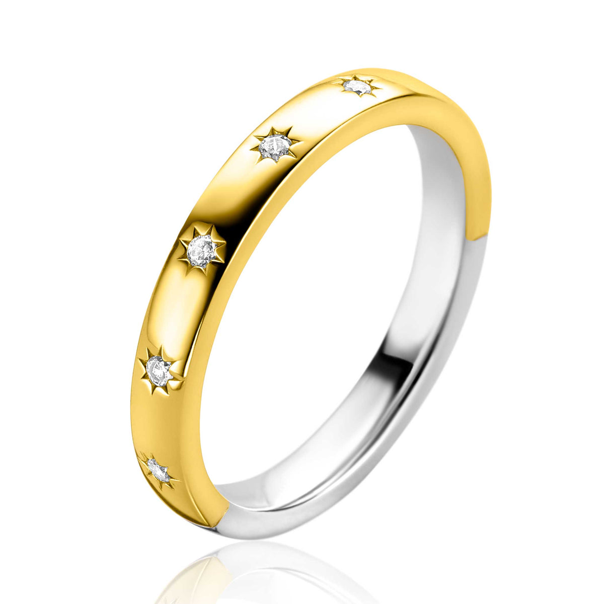 Anello placcato oro con dettagli in argento e piccole pietre brillanti.