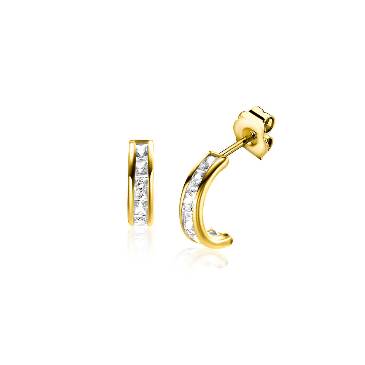 Orecchini in oro con pietre brillanti, forma a semicerchio e chiusura a perno.