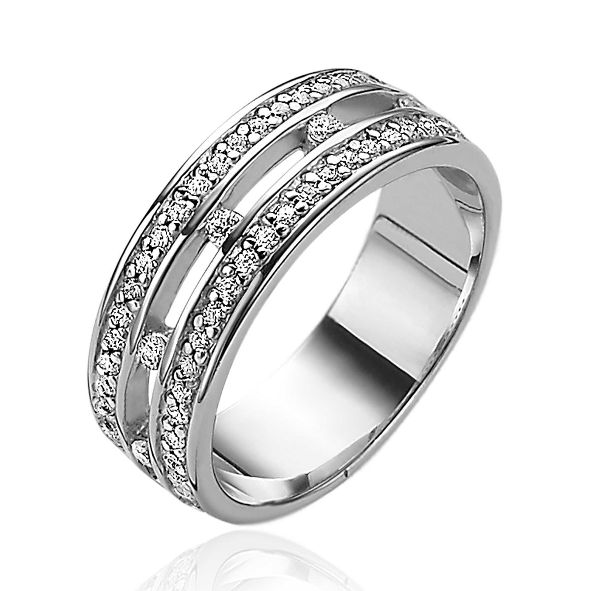 Anello in argento con dettagli in zirconia, design a tre fasce.