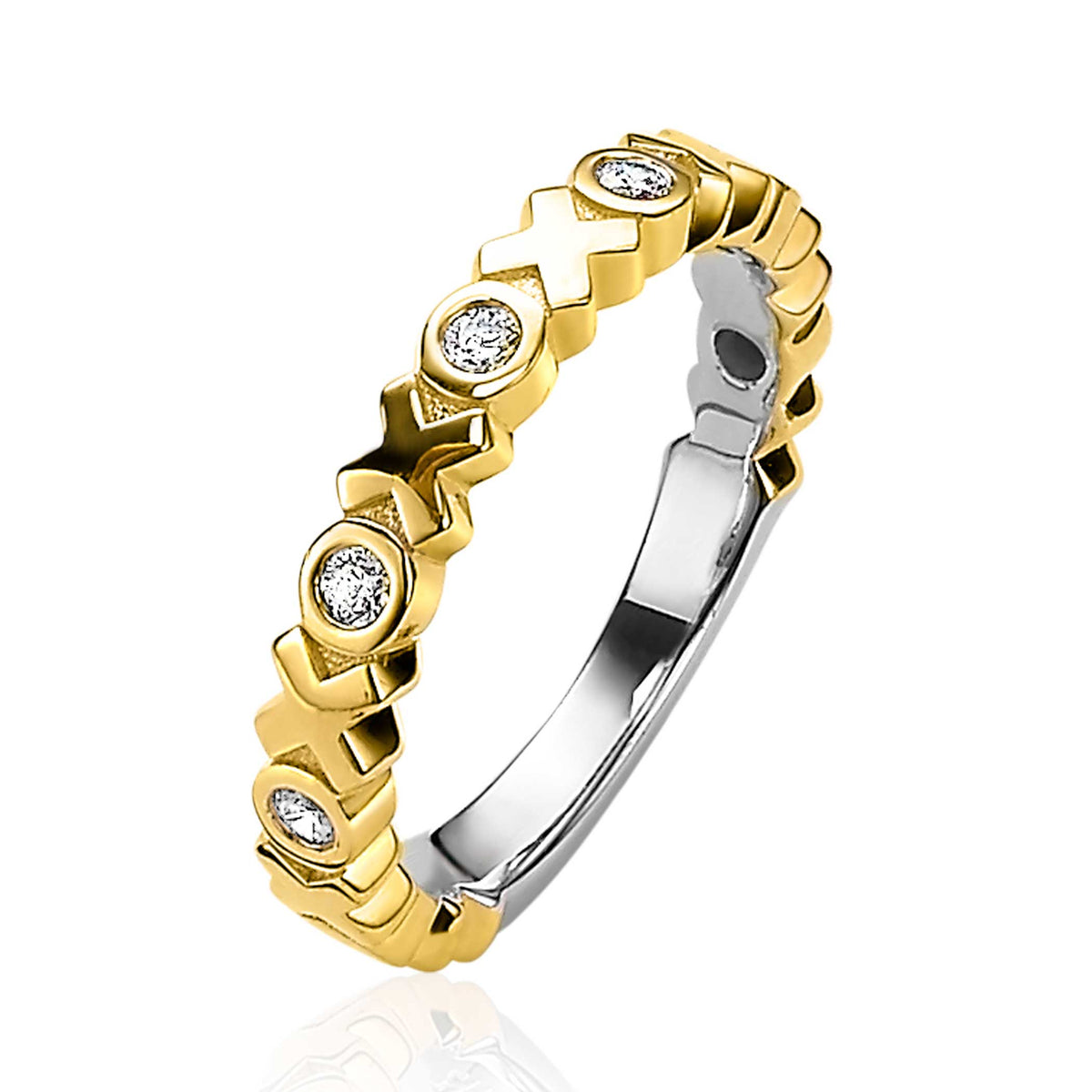 Anello placcato oro con zirconi, design intrecciato e dettagli geometrici.