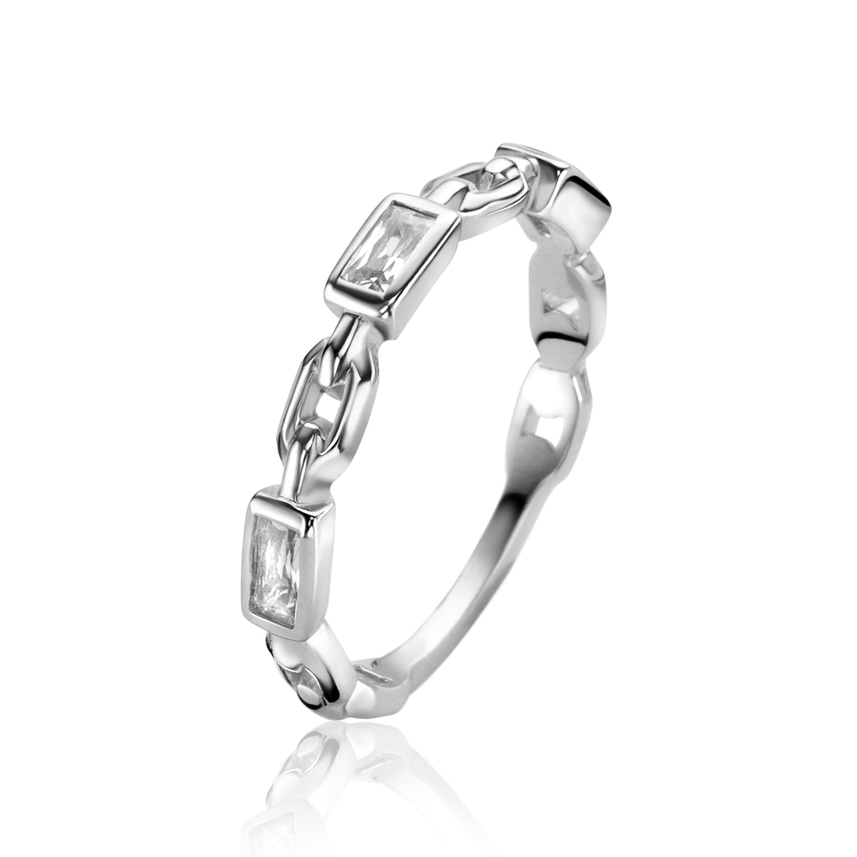 Anello in argento con dettagli a forma di rettangolo e maglie collegate.