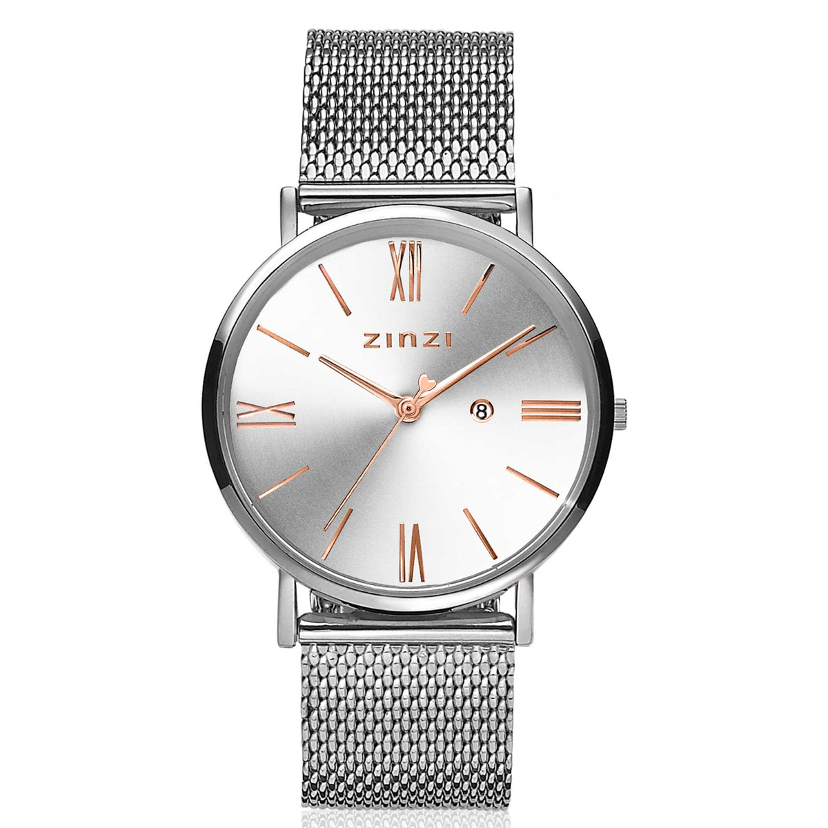Orologio in acciaio argentato con quadrante argentato e dettagli in rosato, cinturino a maglia rolò.
