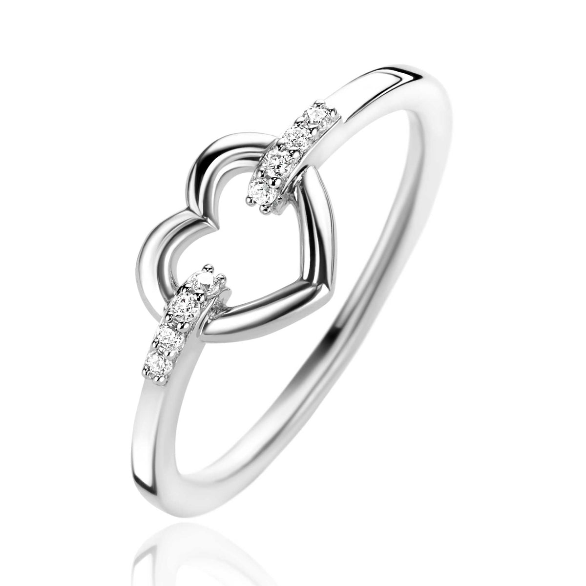 Anello d'argento a forma di cuore con dettagli in zirconia.