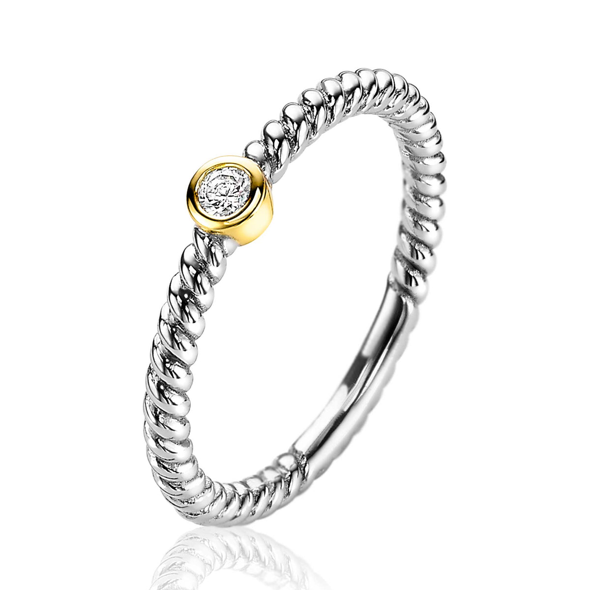 Anello placcato oro con dettaglio in oro e zircone, design a spirale.