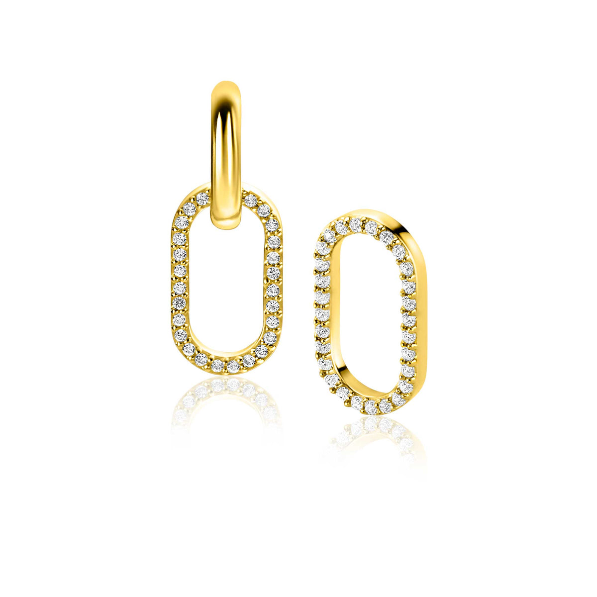 Orecchini dorati con forma ovale, decorati con zirconi brillanti.