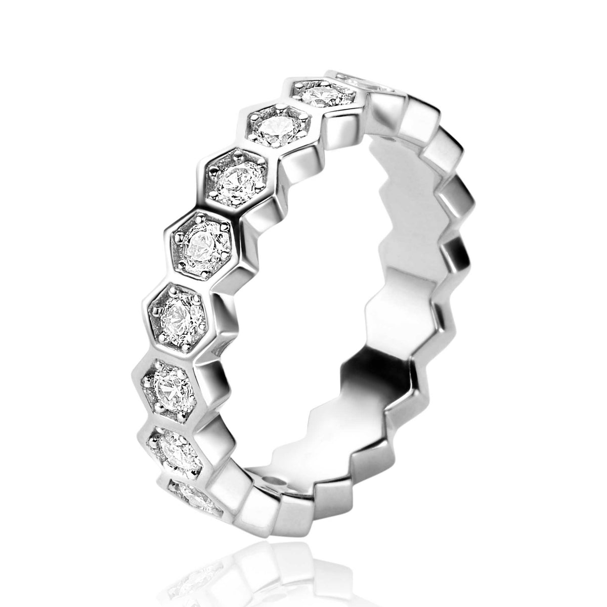 Anello in argento con motivo esagonale e zirconi.