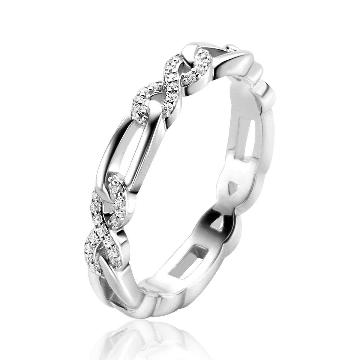 anello in argento con dettagli intrecciati e zirconi brillanti