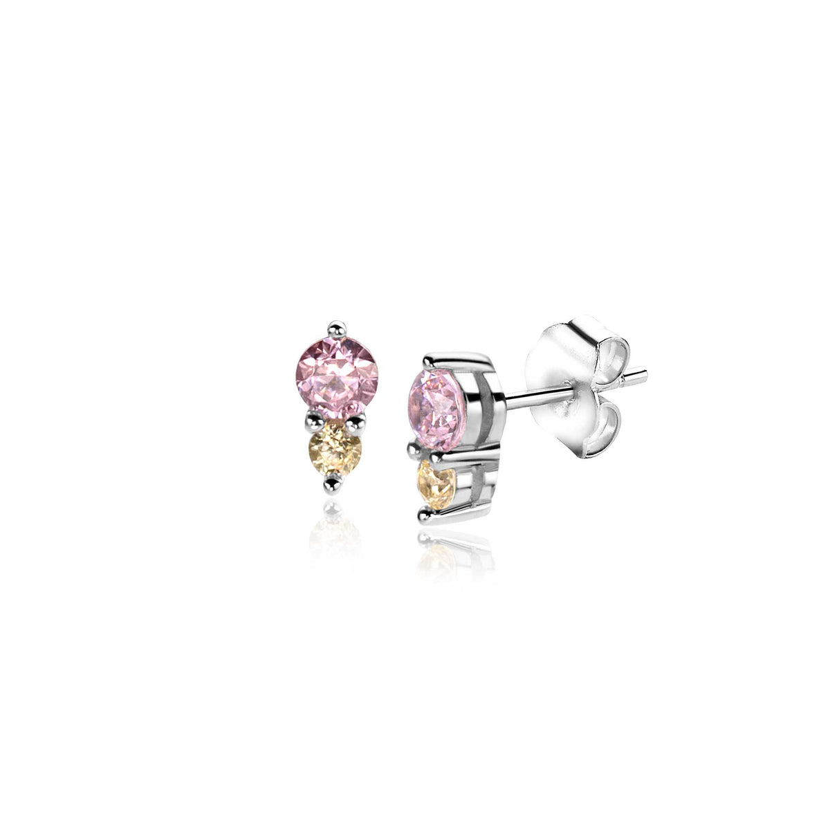 Orecchini in argento con pietre rosa e gialle, design semplice e luminoso.