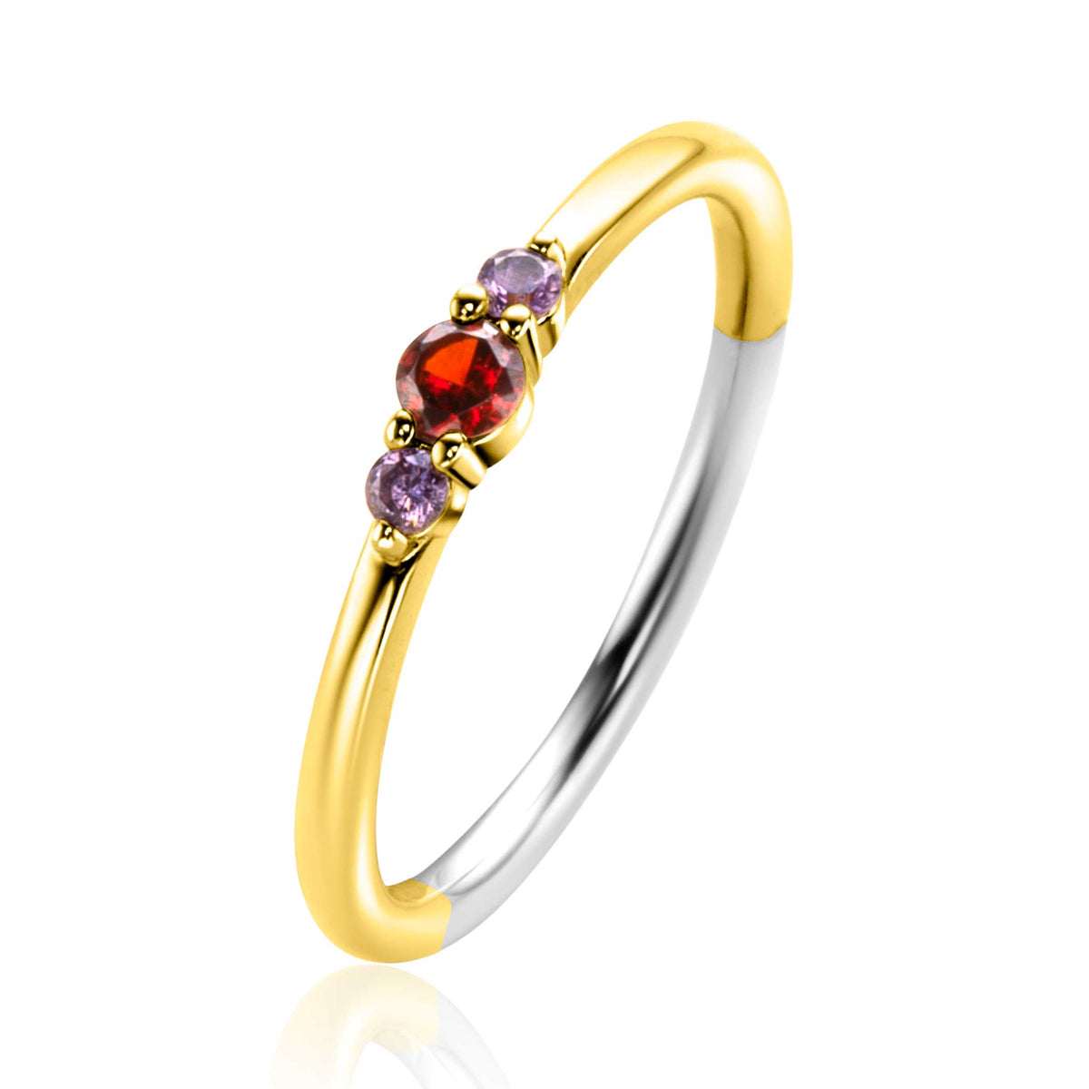 Anello placcato oro con pietre rosse e viola.
