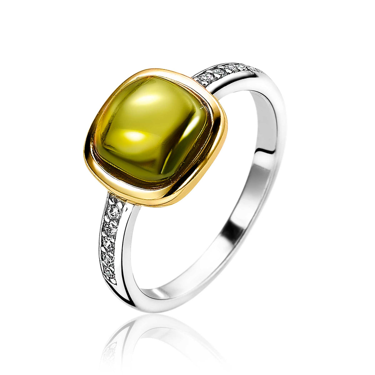 anello placcato oro con pietra verde e dettagli in argento