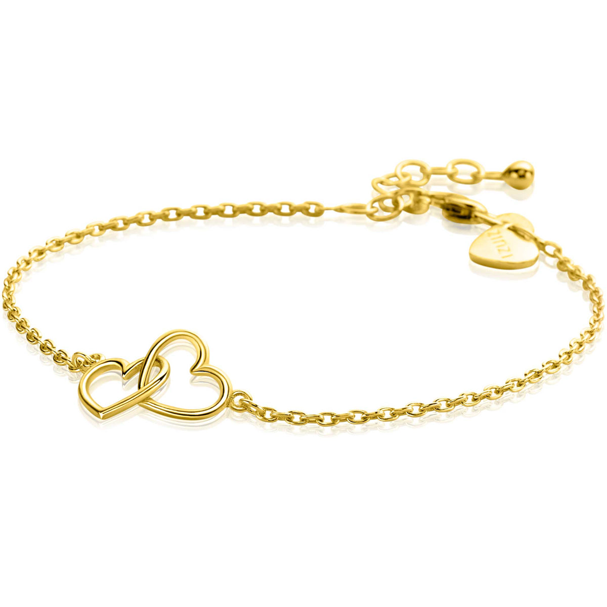 Bracciale in oro placcato con motivo a cuori intrecciate e chiusura regolabile.
