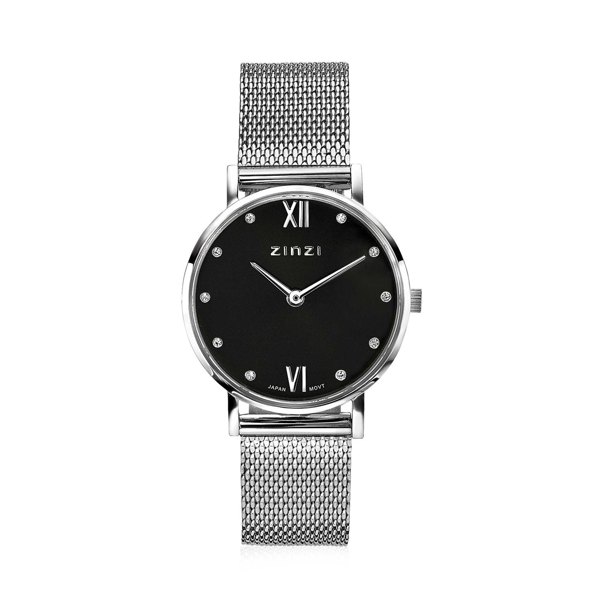 Orologio in acciaio color argento con quadrante nero e numeri romani, cinturino a maglia rolò.