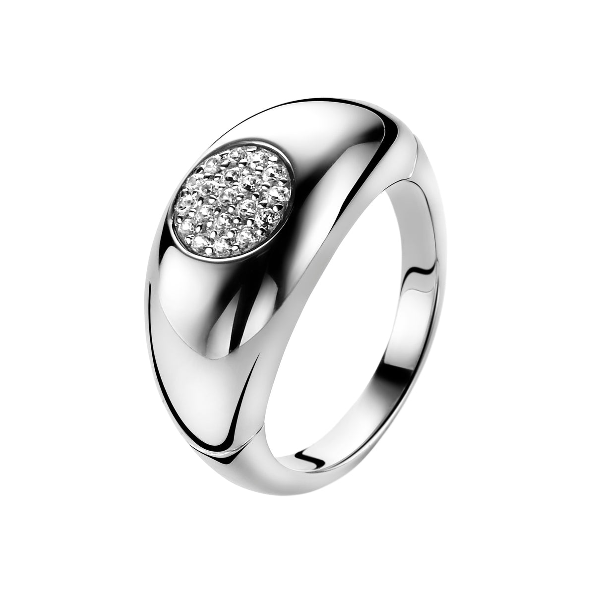 Anello in argento con una superficie lucida e un dettaglio rotondo di zirconi.