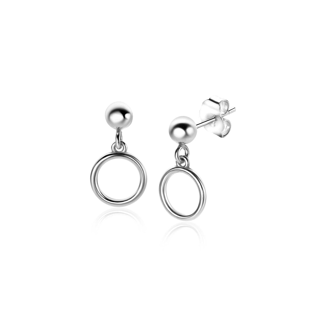 Orecchini in argento con una pallina e un cerchio pendente.