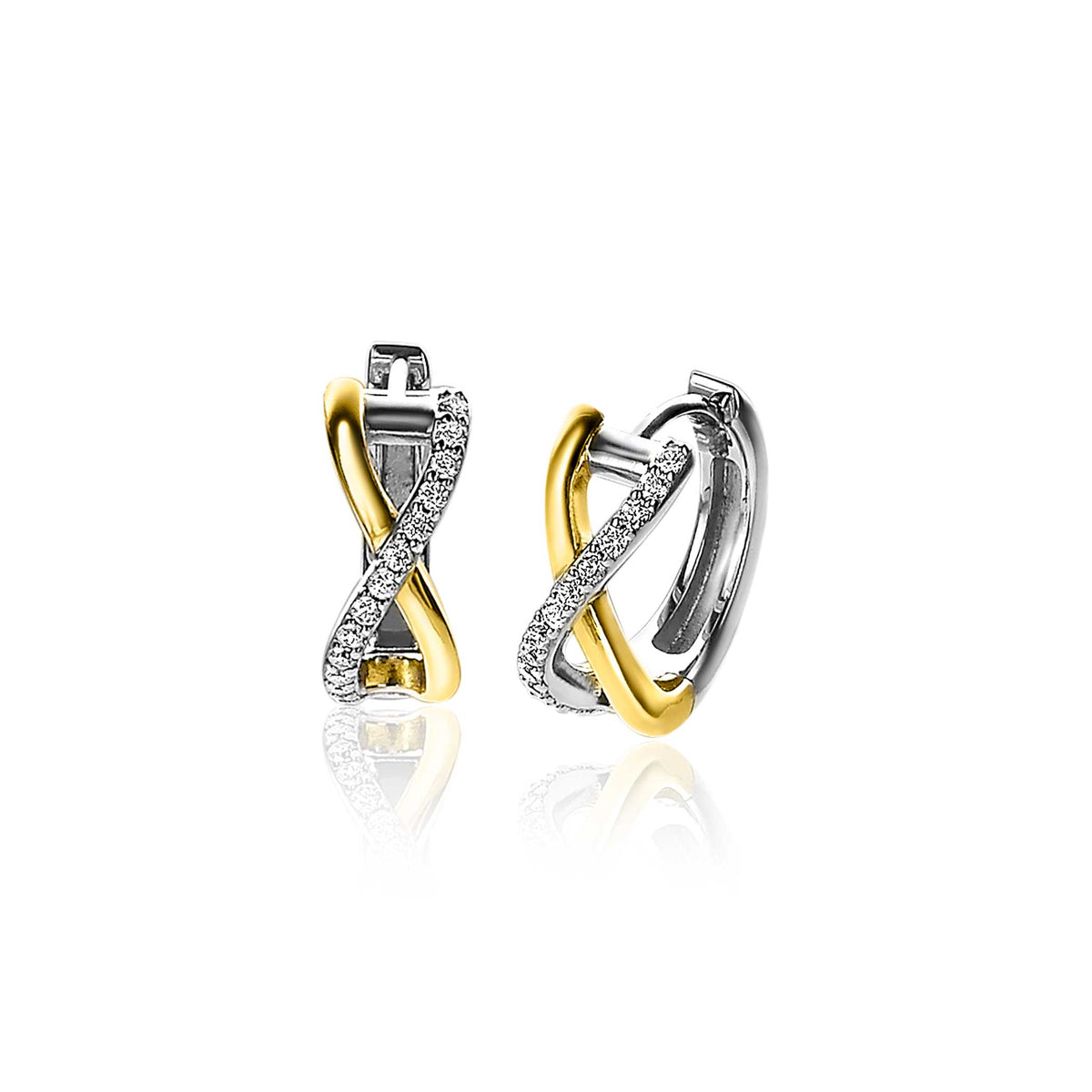 Orecchini placcati oro con design a spirale e dettagli in zirconia.