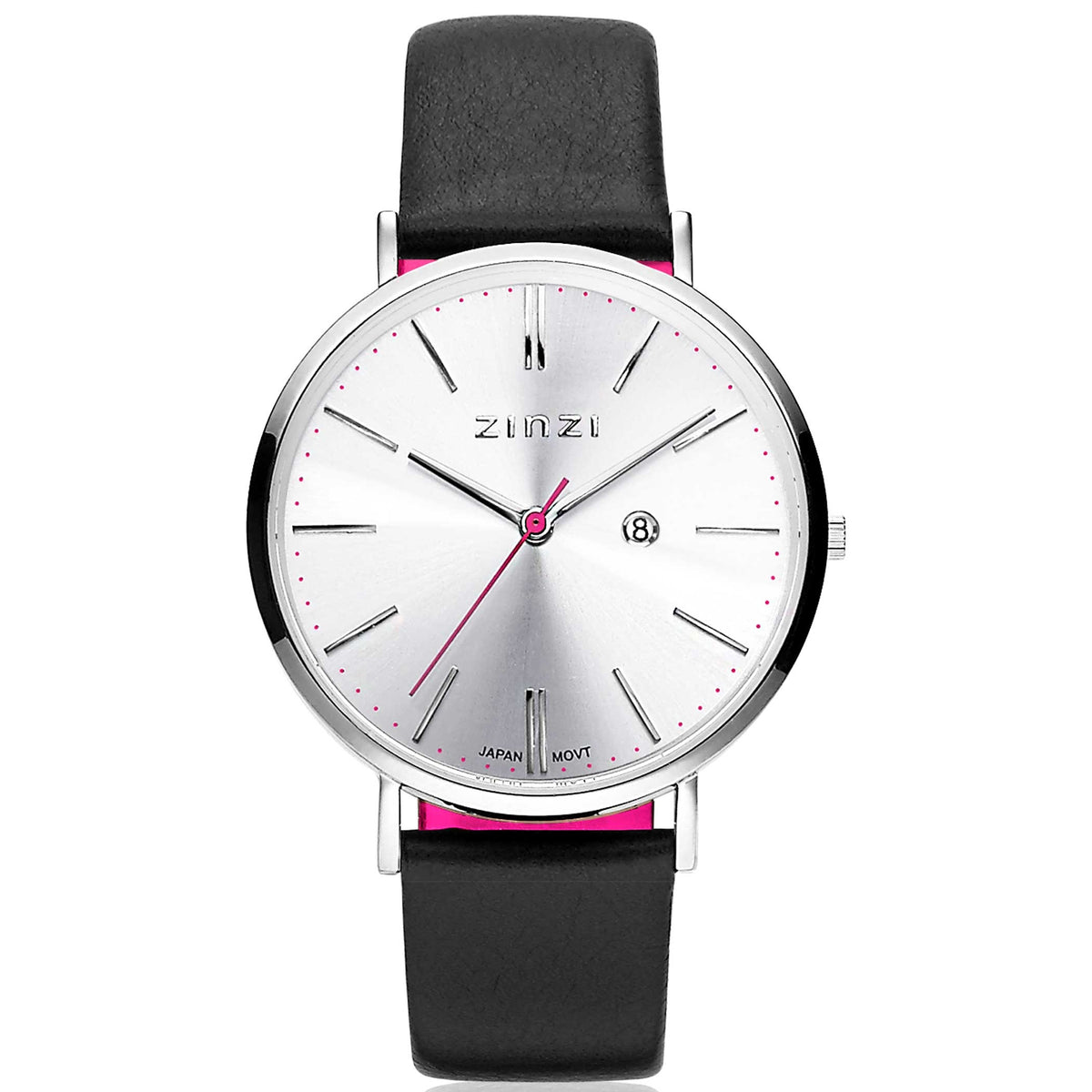 Orologio in acciaio color argento con quadrante bianco e cinturino nero.