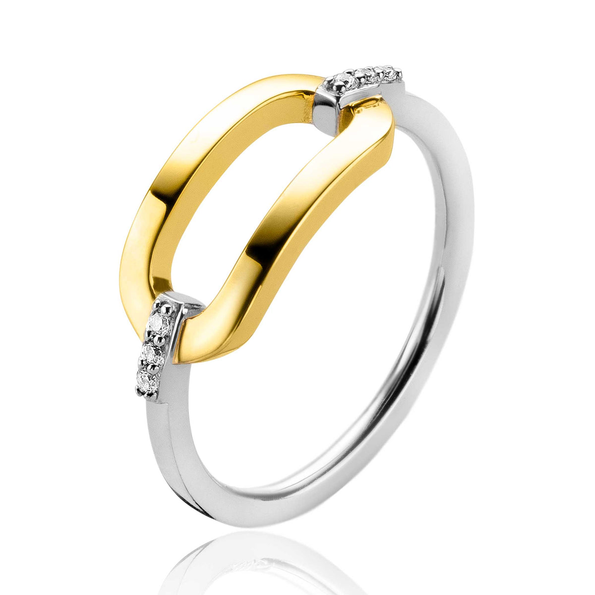 Anello placcato oro con dettagli in argento e pietre brillanti.