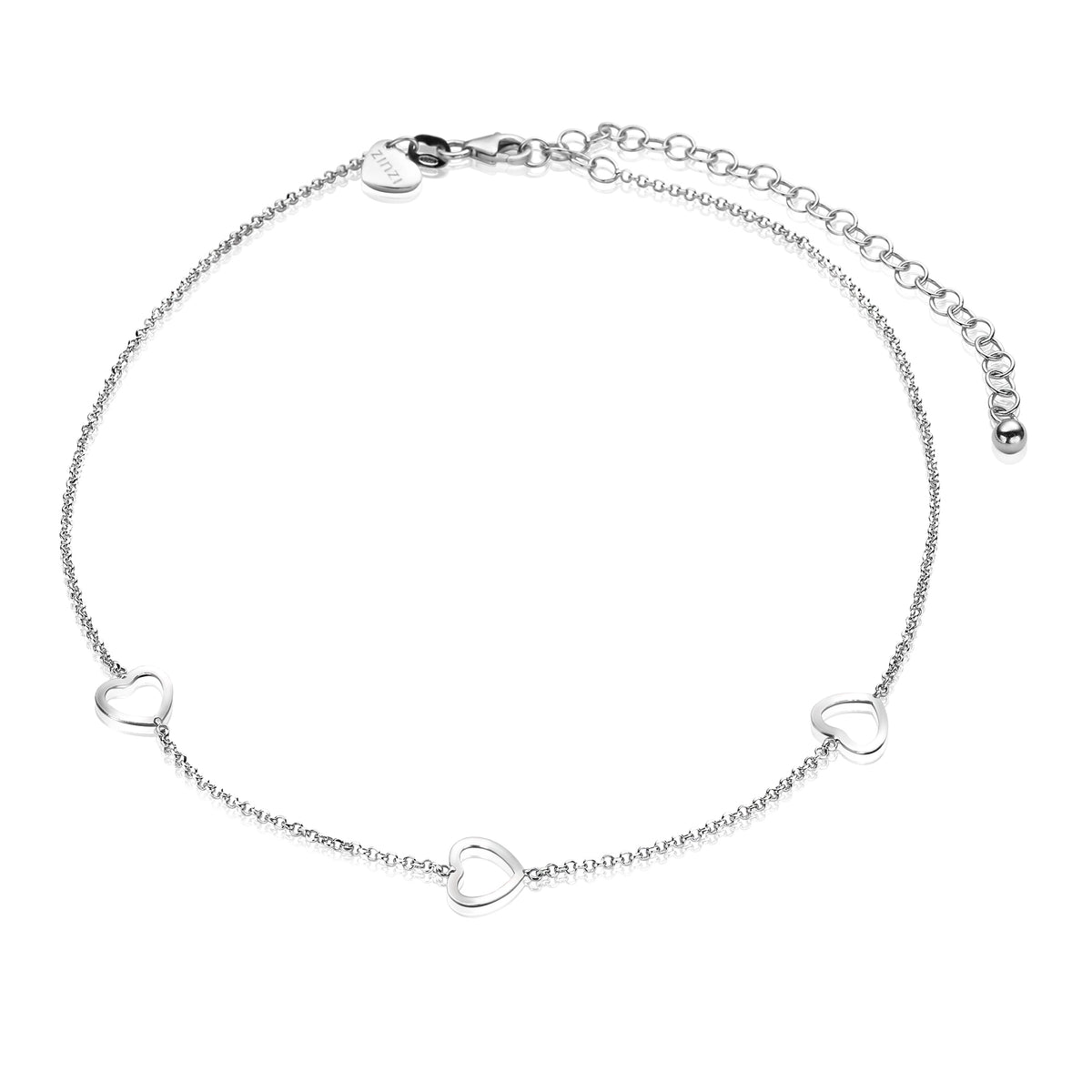 Collana in argento con tre cuori pendenti e chiusura regolabile.