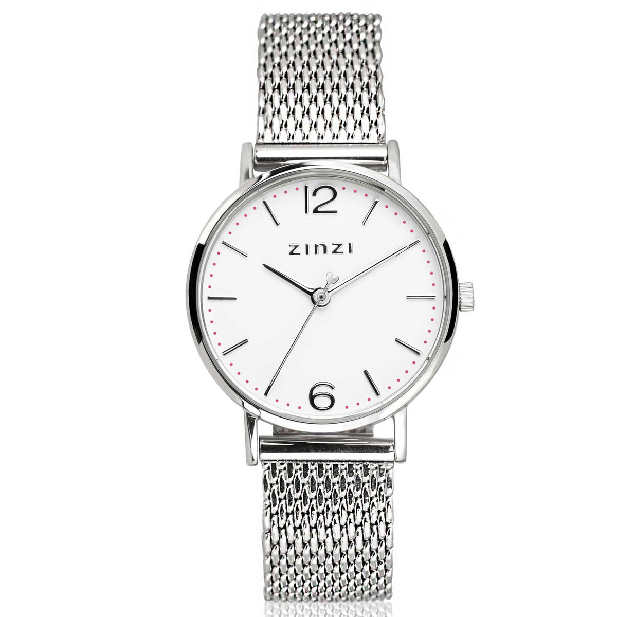 Orologio in acciaio argentato con quadrante bianco, cinturino in maglia rolò e numeri neri.