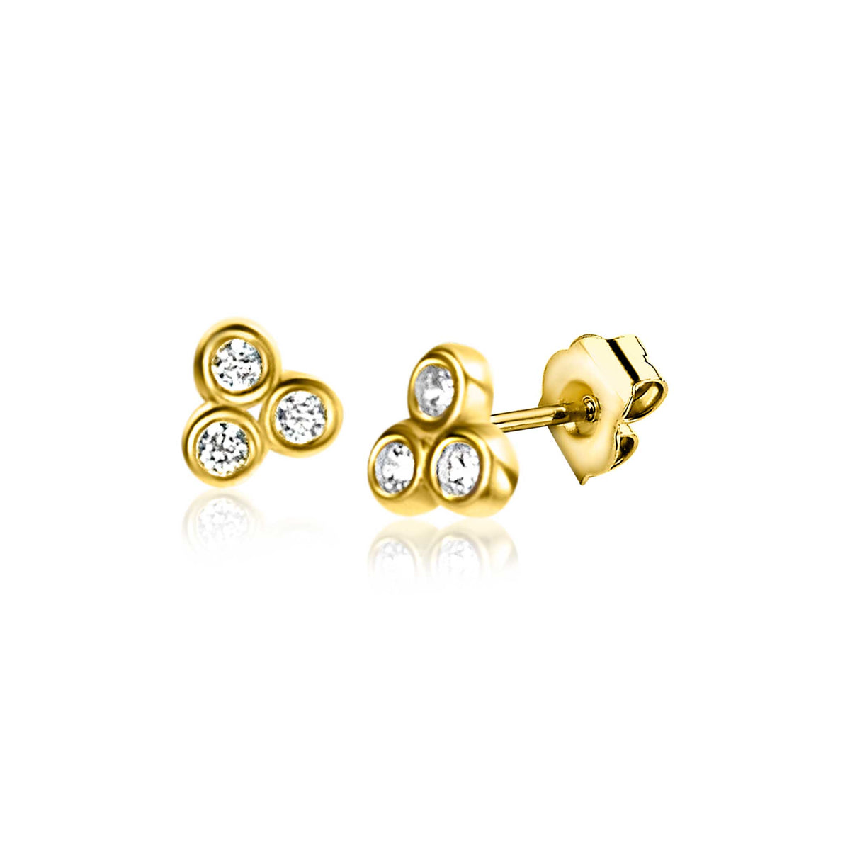 Orecchini in oro con tre pietre brillanti, forma a trifoglio.