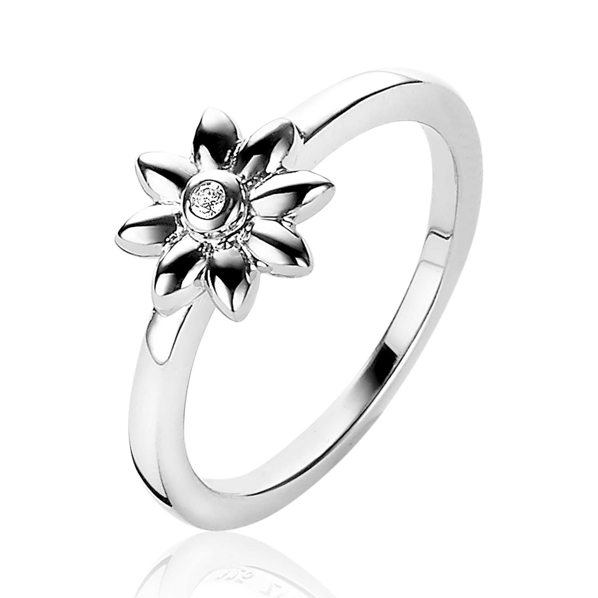 Anello in argento con motivo a fiore e pietra centrale.
