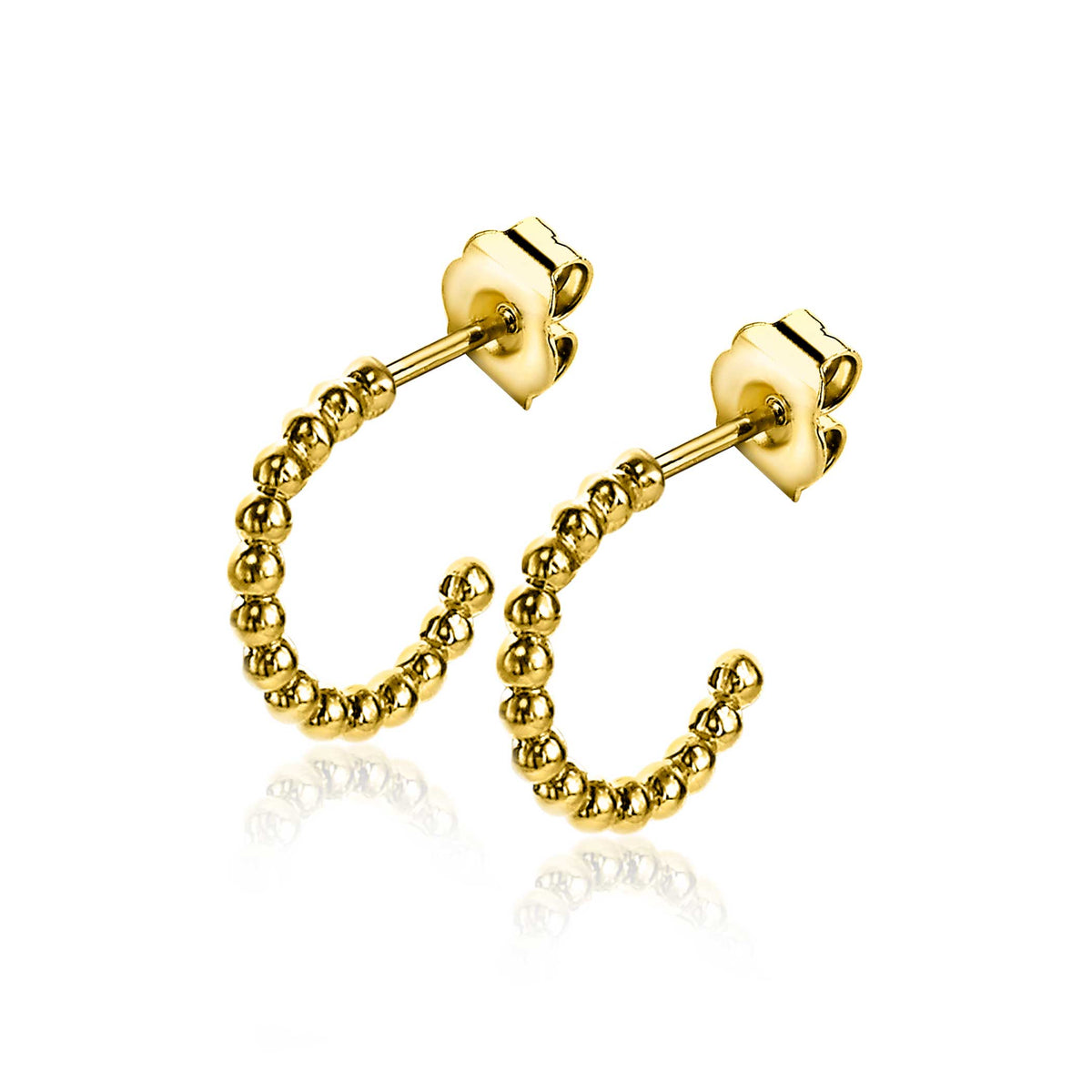 Orecchini in oro con perline, forma a cerchio, chiusura a farfallina.