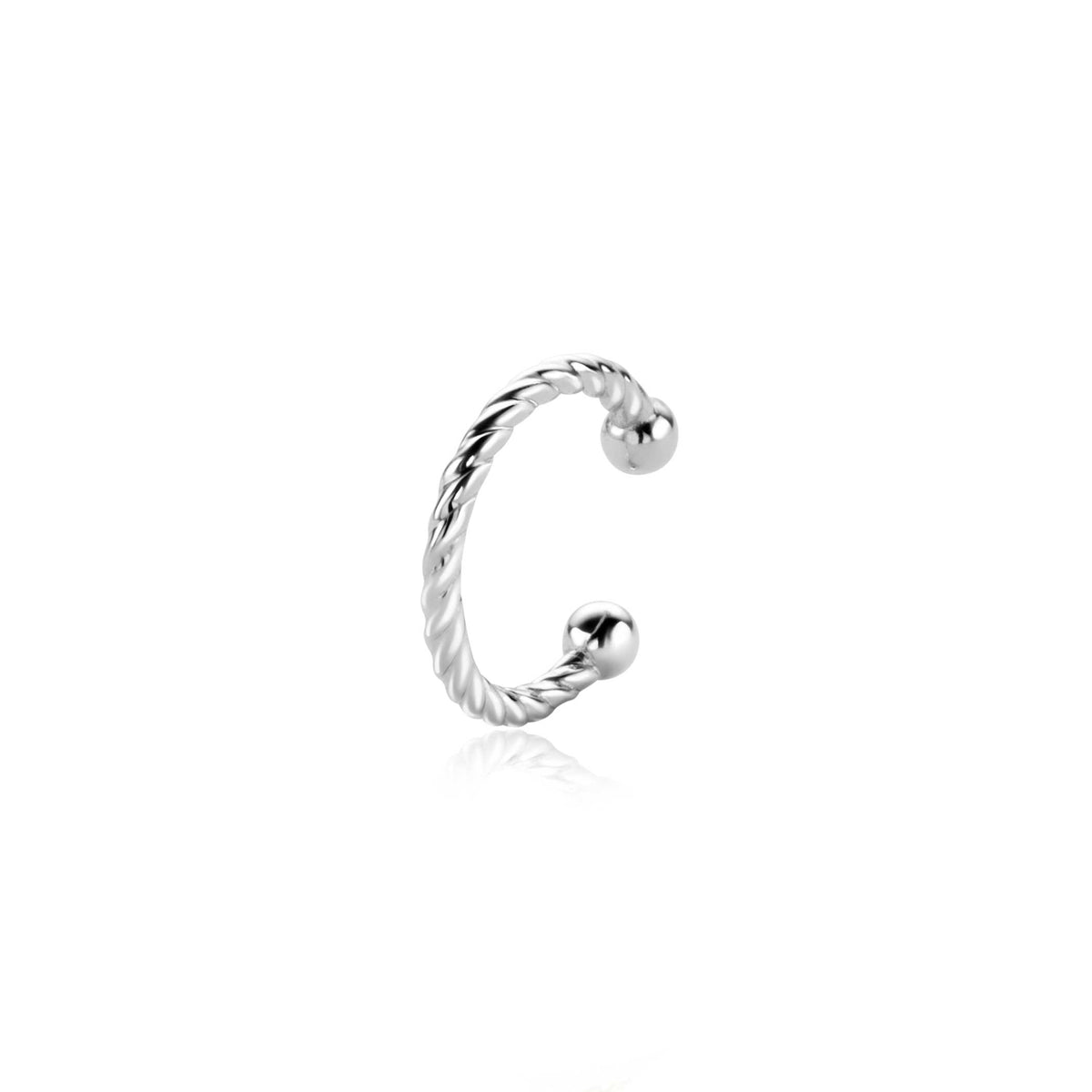 Orecchini in argento con design a spirale e due sfere alle estremità.