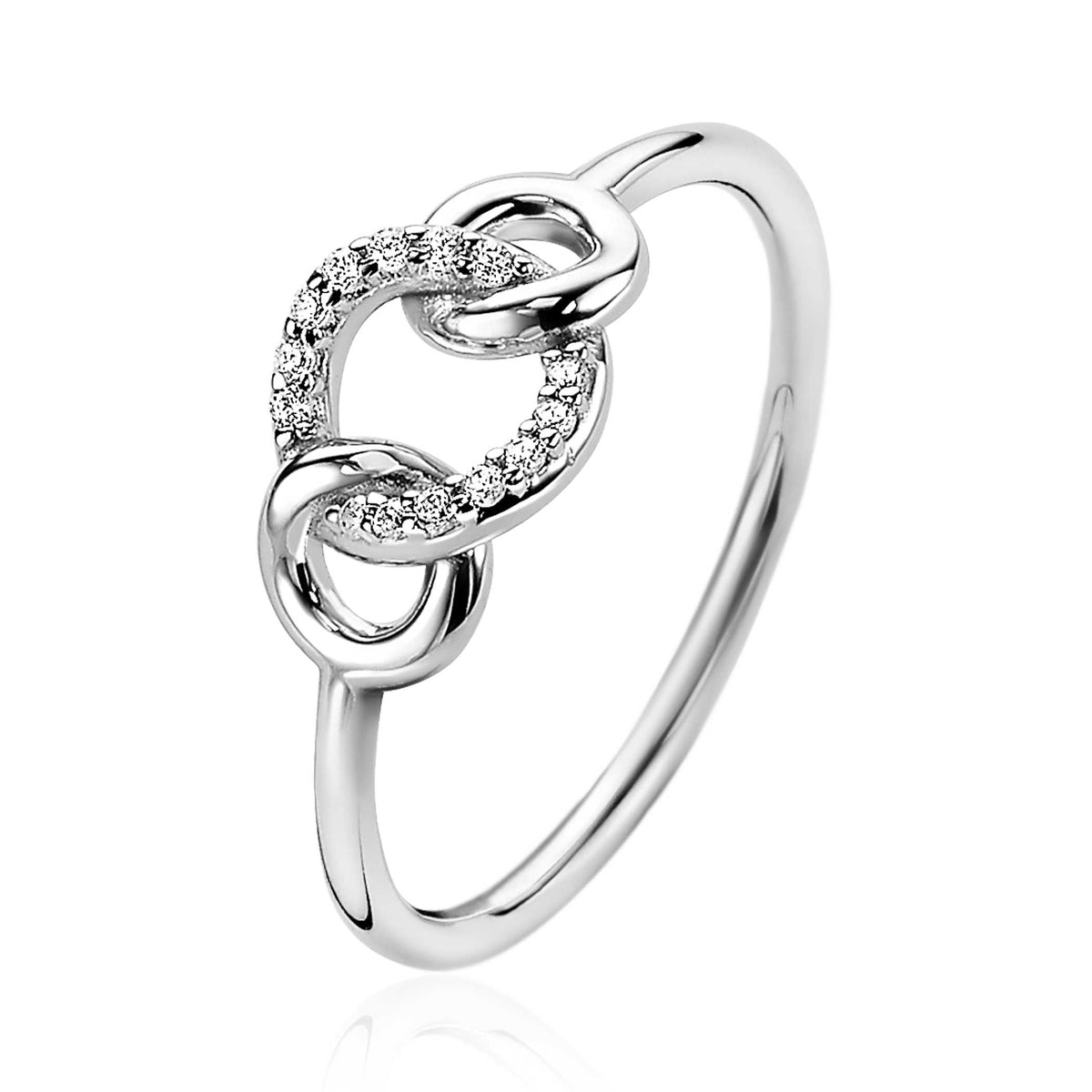 Anello in argento con dettagli intrecciati e zirconi.